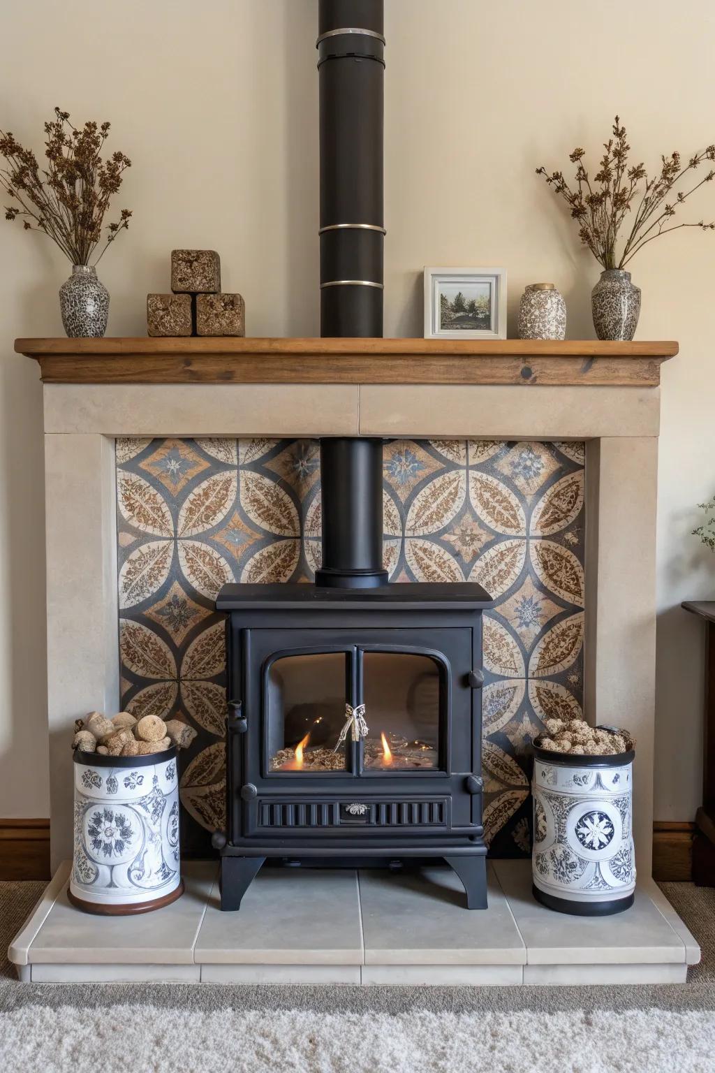 Symmetry around a wood heater creates balance and visual harmony in the room.
