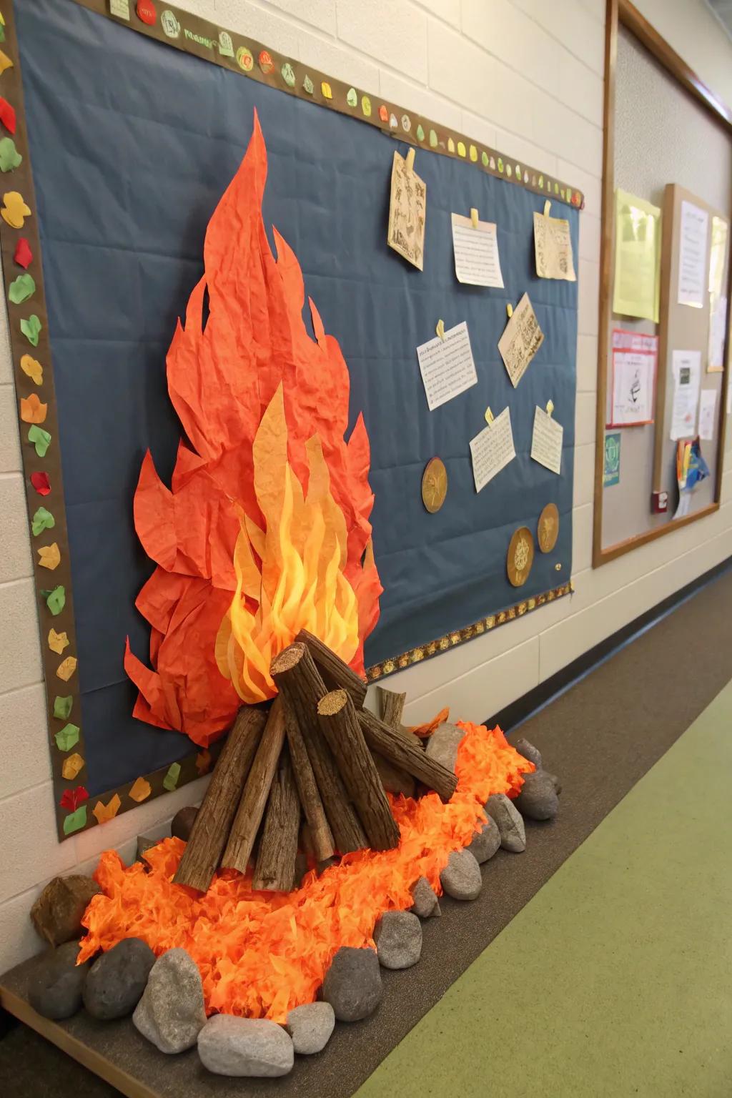 A 3D campfire gives depth and grabs attention.