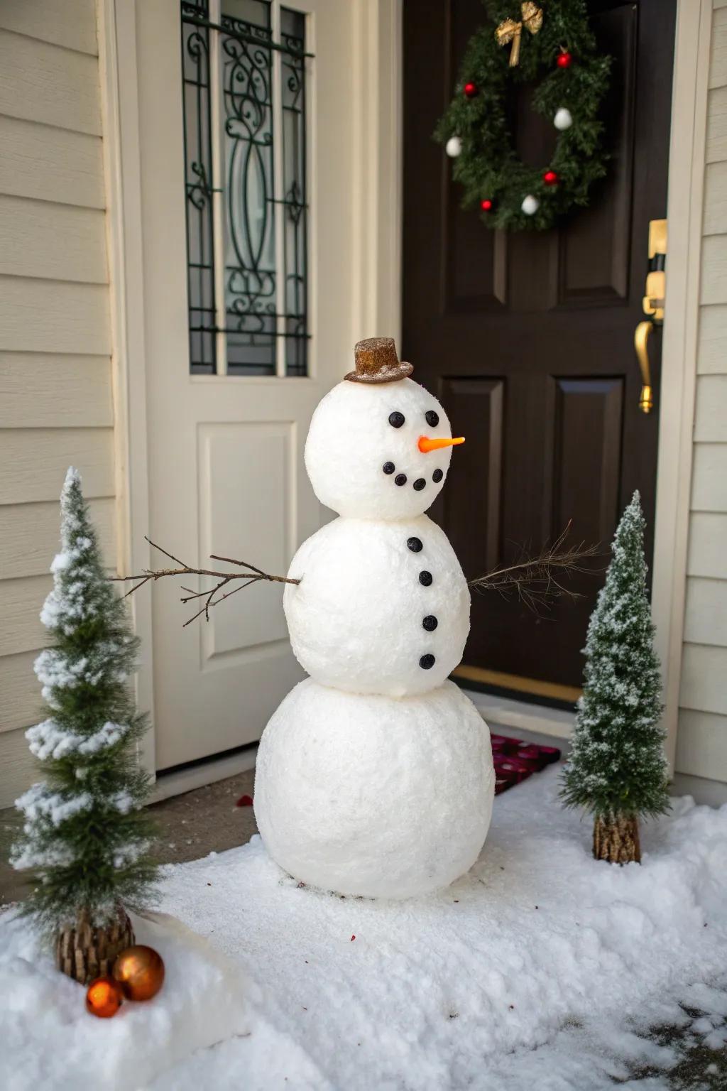 Create a winter wonderland scene around your snowman door for a magical entry.