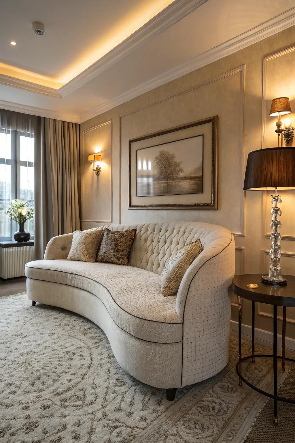 A curved sofa softens the sharp angles in a compact living room.