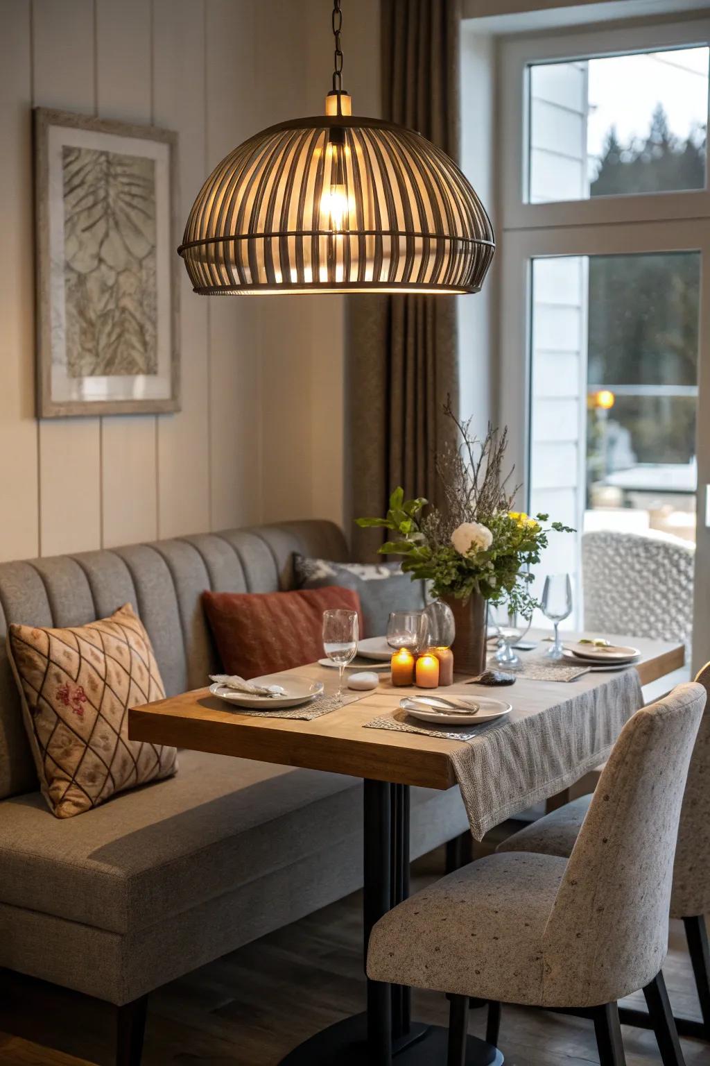 Define your dining space through eye-catching lighting.