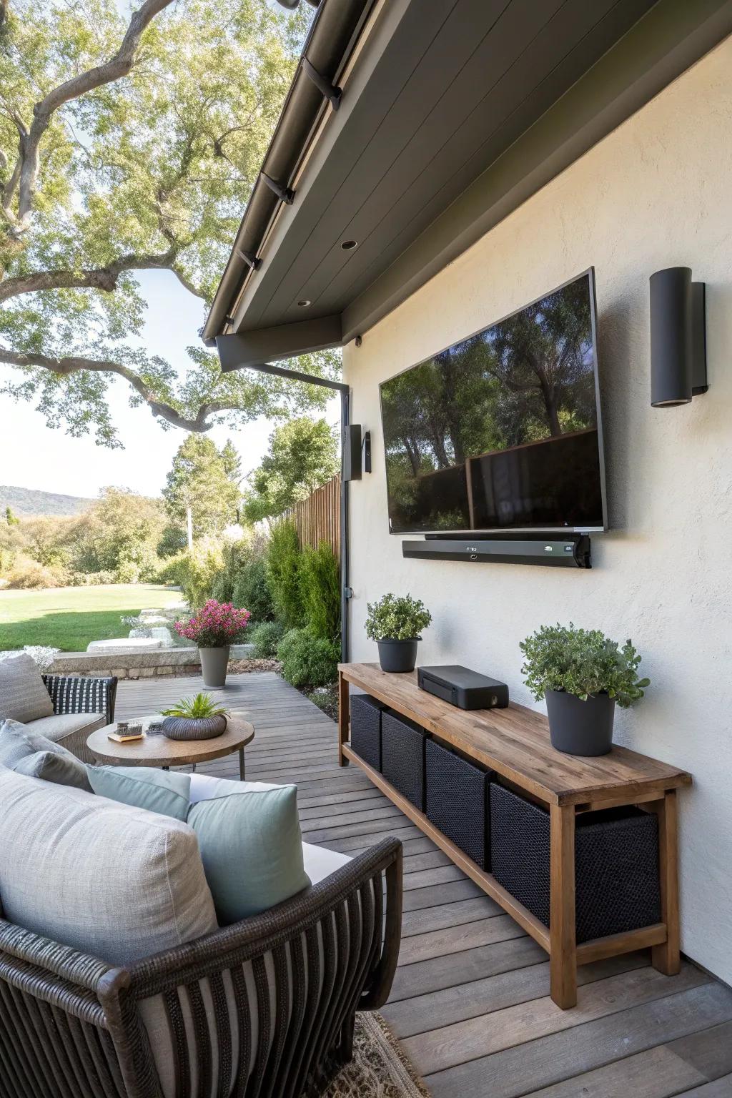 Weather-resistant audio bar setup for outdoor enjoyment.