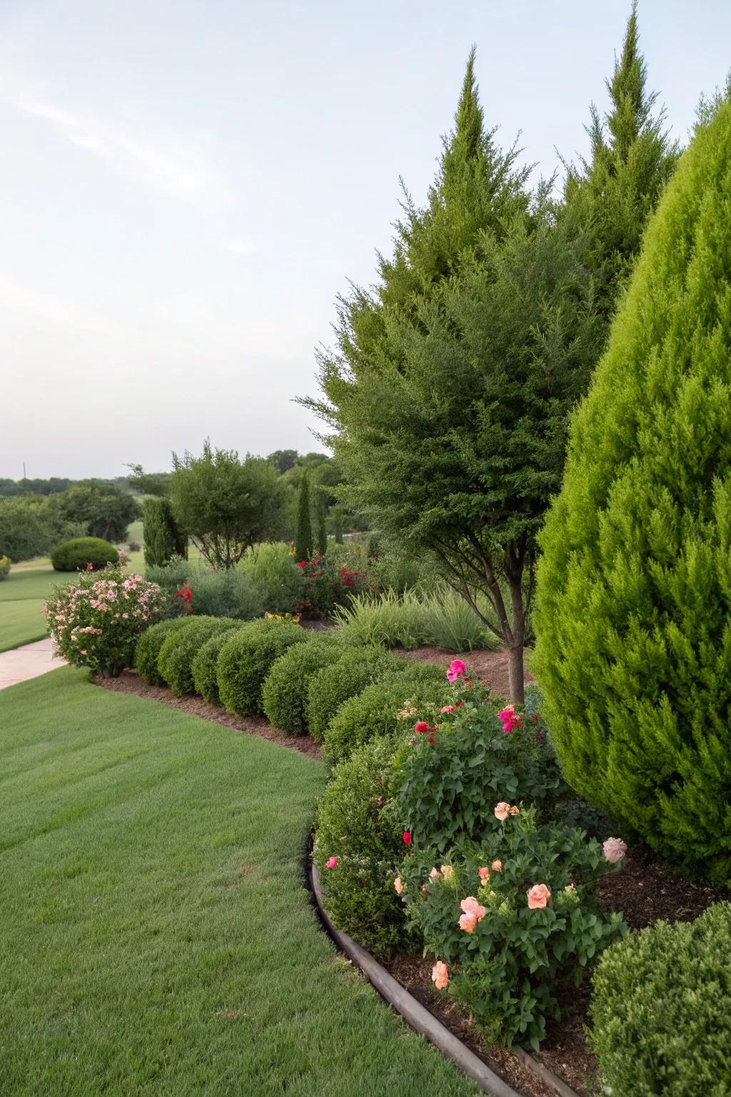 Evergreen shrubs providing year-round beauty in a garden landscape.