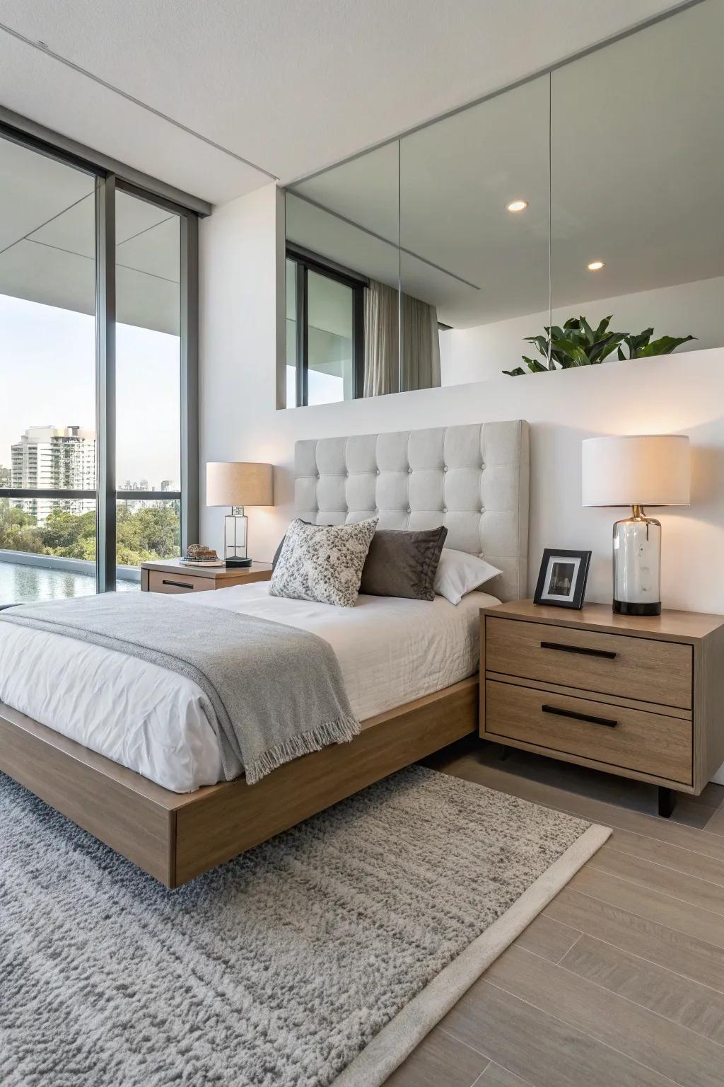 Floating nightstands offer style and space efficiency.