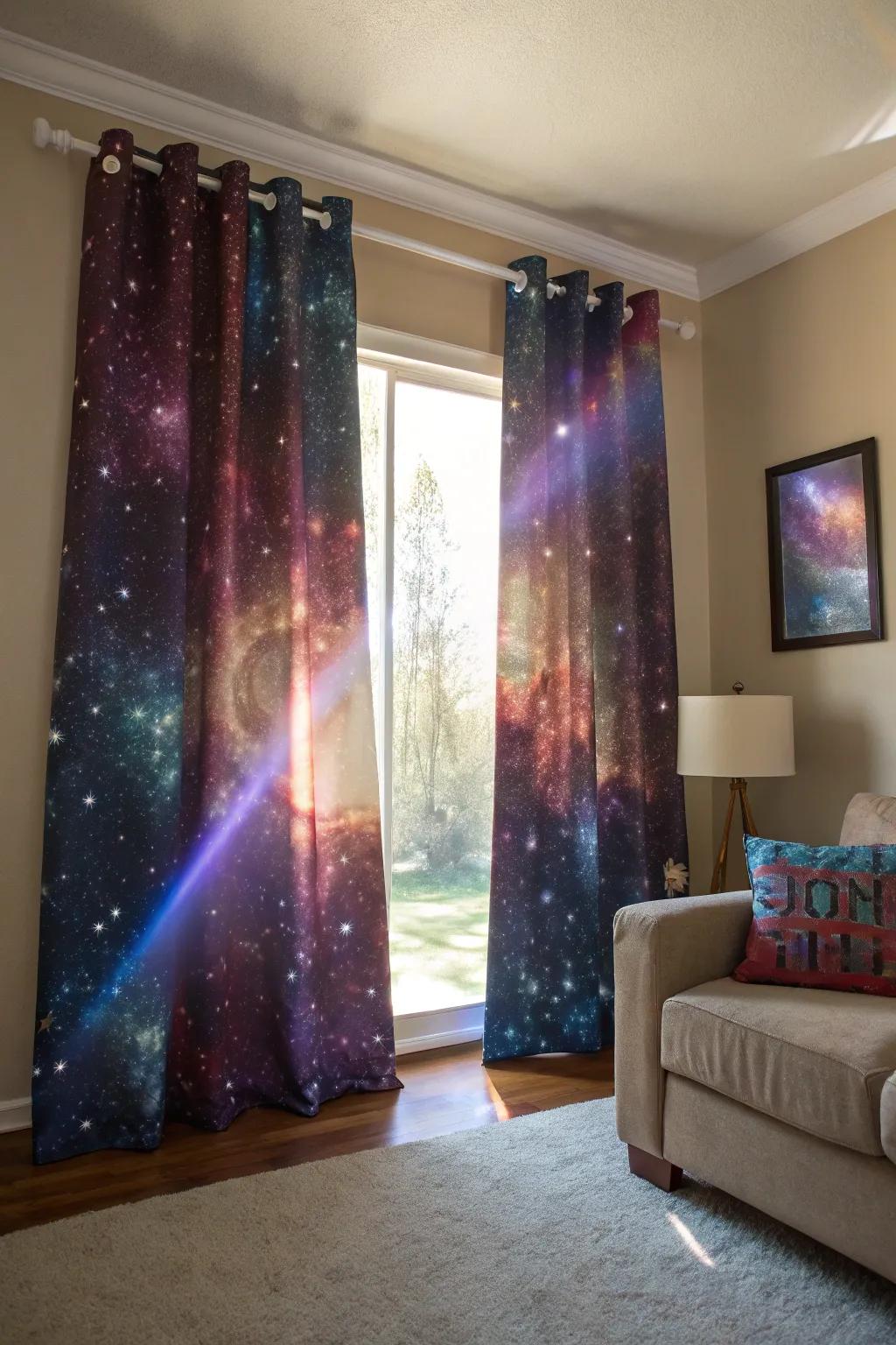 Outer space inspired curtains that enclose your view with galaxy charm.