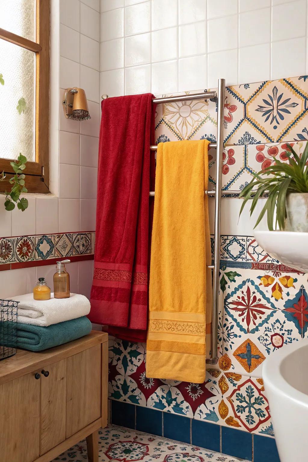 Vibrant colors in fabrics introduce lively contrast to the space.