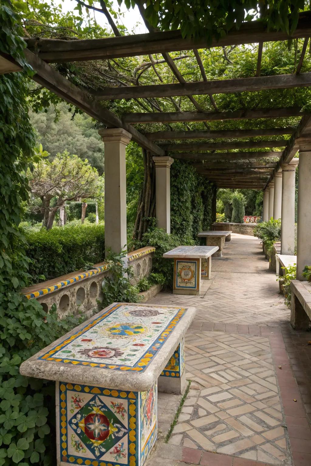 Tile features infuse the pergola with vibrant energy.