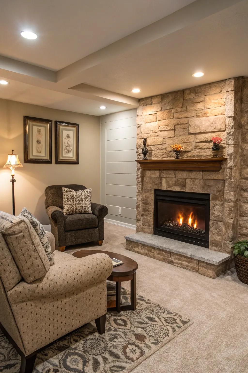 A false fireplace incorporates warmth and charm into your speakeasy.