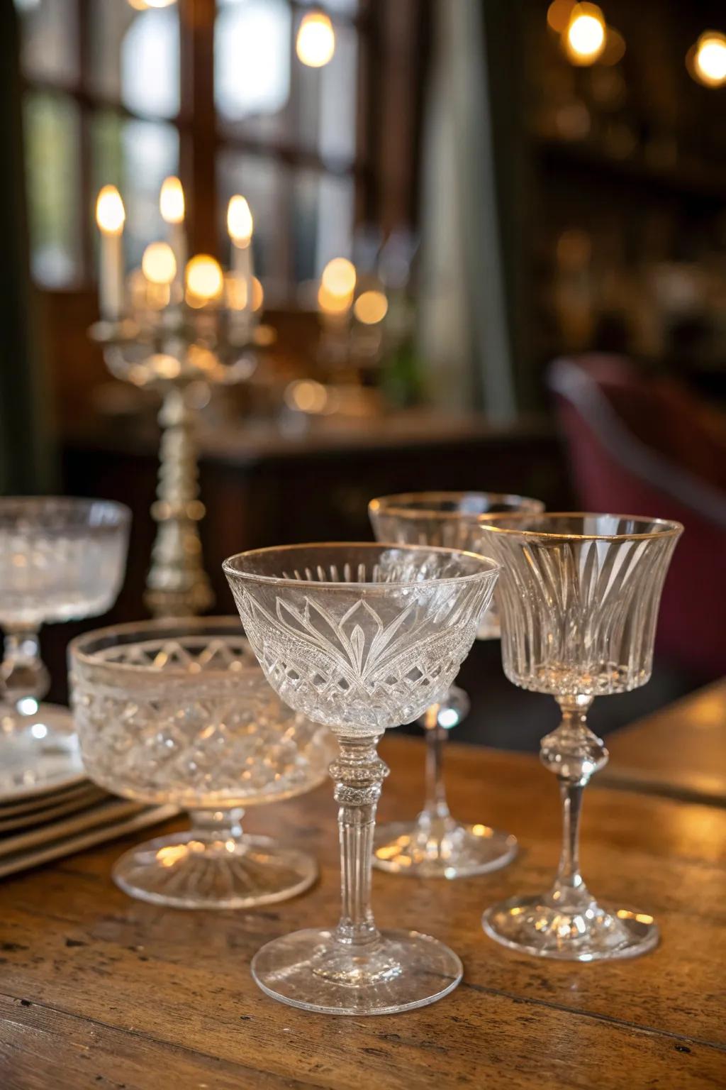 Vintage cocktail glasses serve as stylish decor elements.