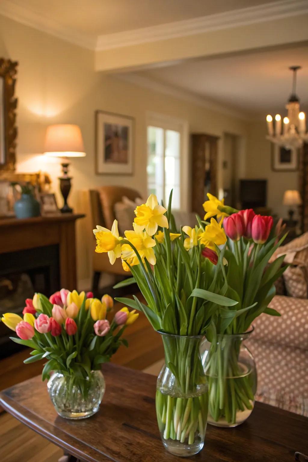 If you want to bring in some vibrant color and fragrance, fresh flowers like tulips and daffodils are the way to go.