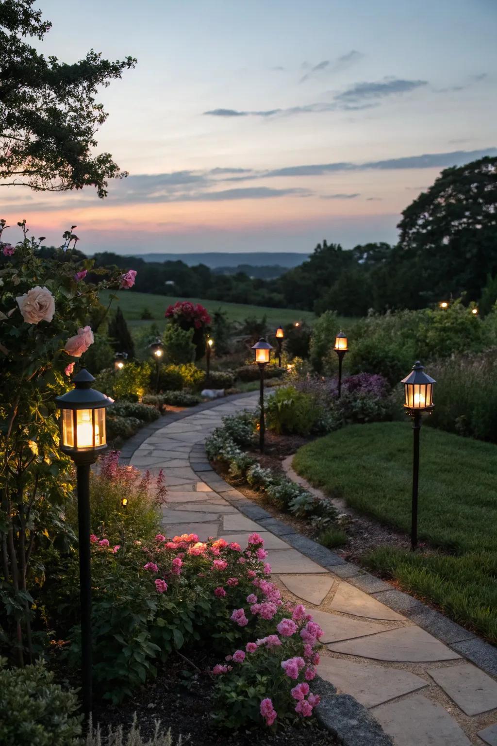 Garden sparkle fashions an enchanting ambiance, accentuating trails and plants at twilight.