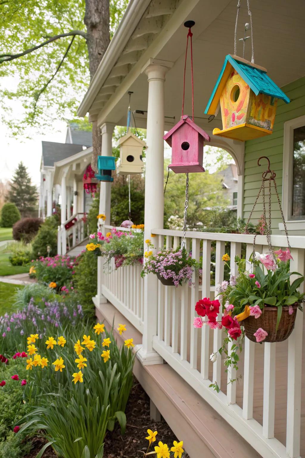 Handmade avian sanctuaries bring a whimsical and inviting element to your veranda.