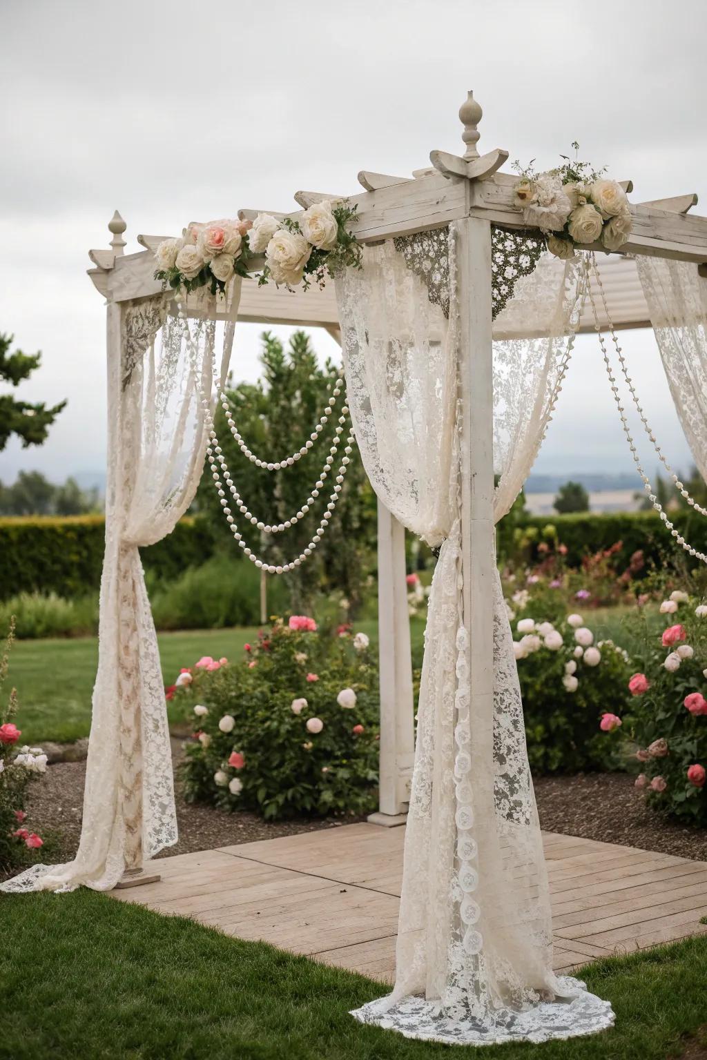 A vintage glam square arch featuring lace and pearls.