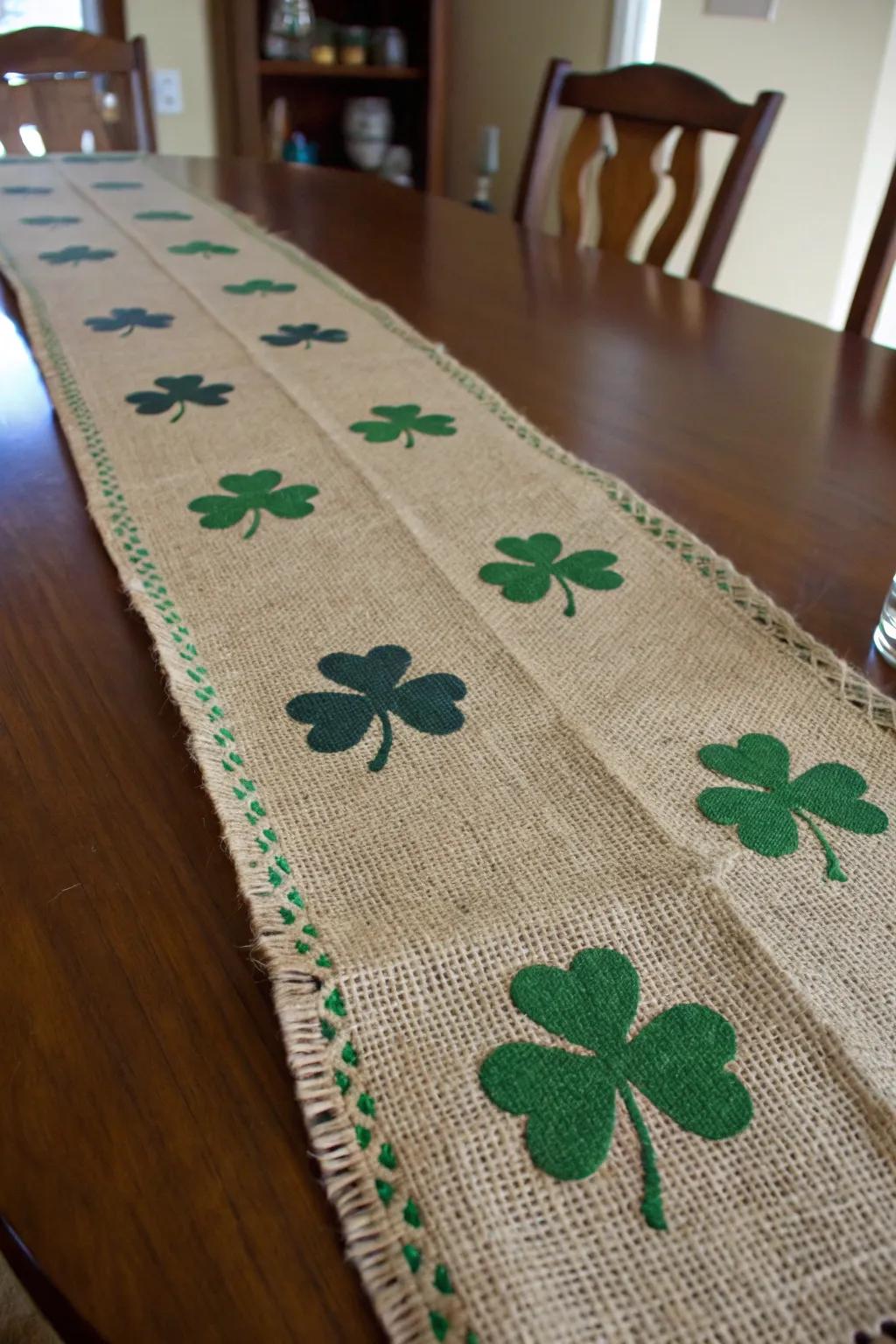 Clover and coarse cloth bring rustic polish to your setting decor.