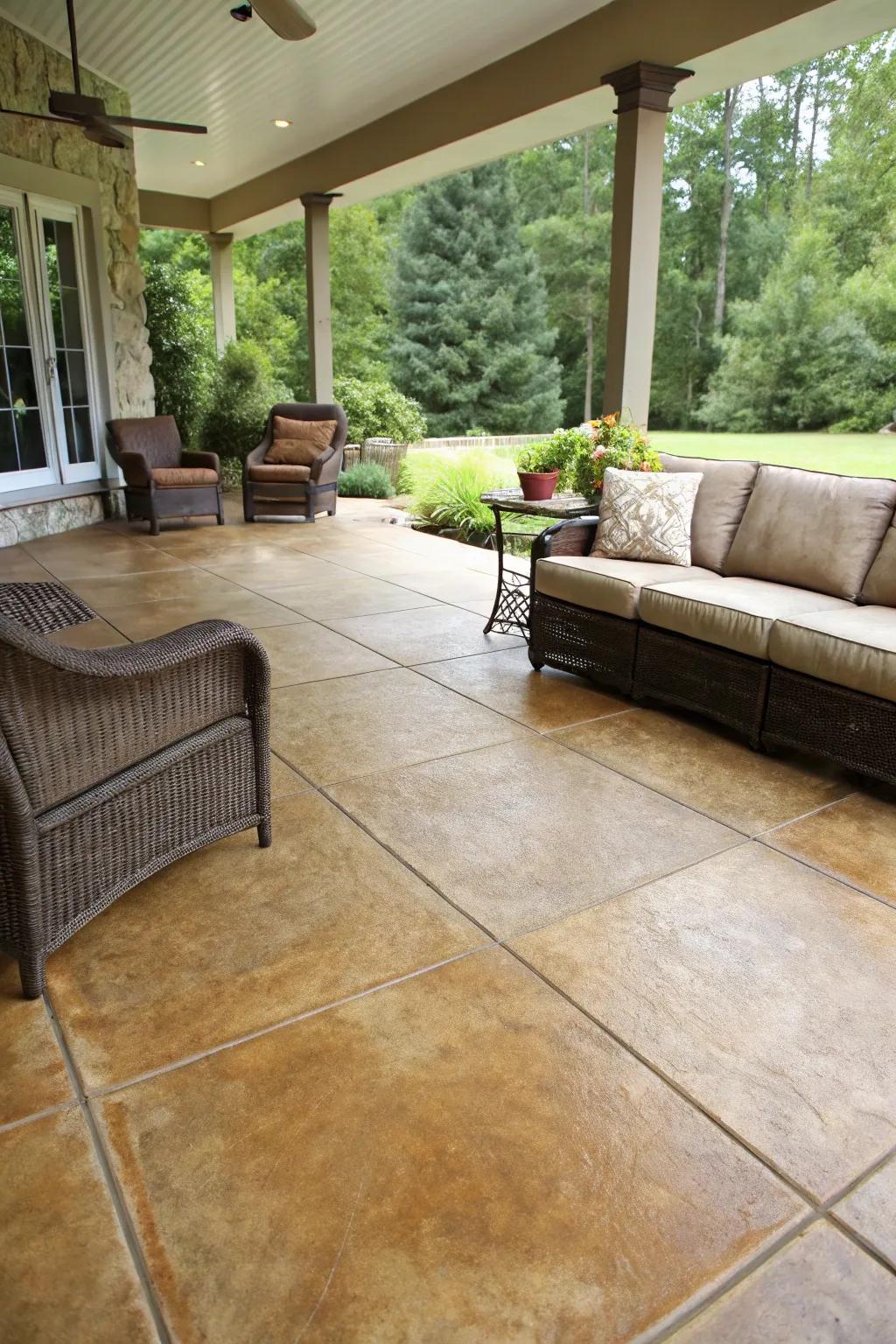 A seamless transition from indoor to outdoor with matching concrete stains.