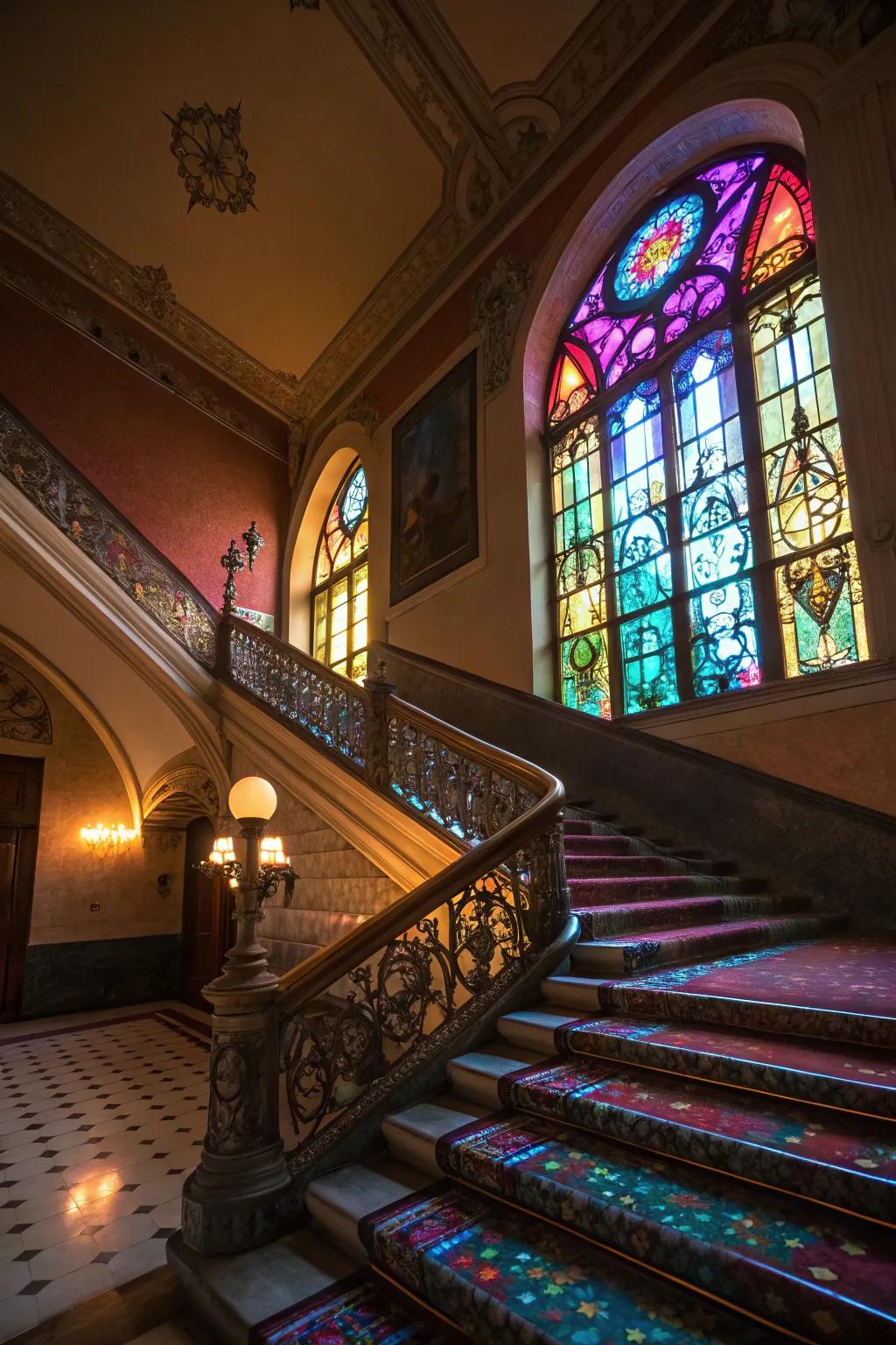 Stained glass windows add sophistication and shade to staircases.