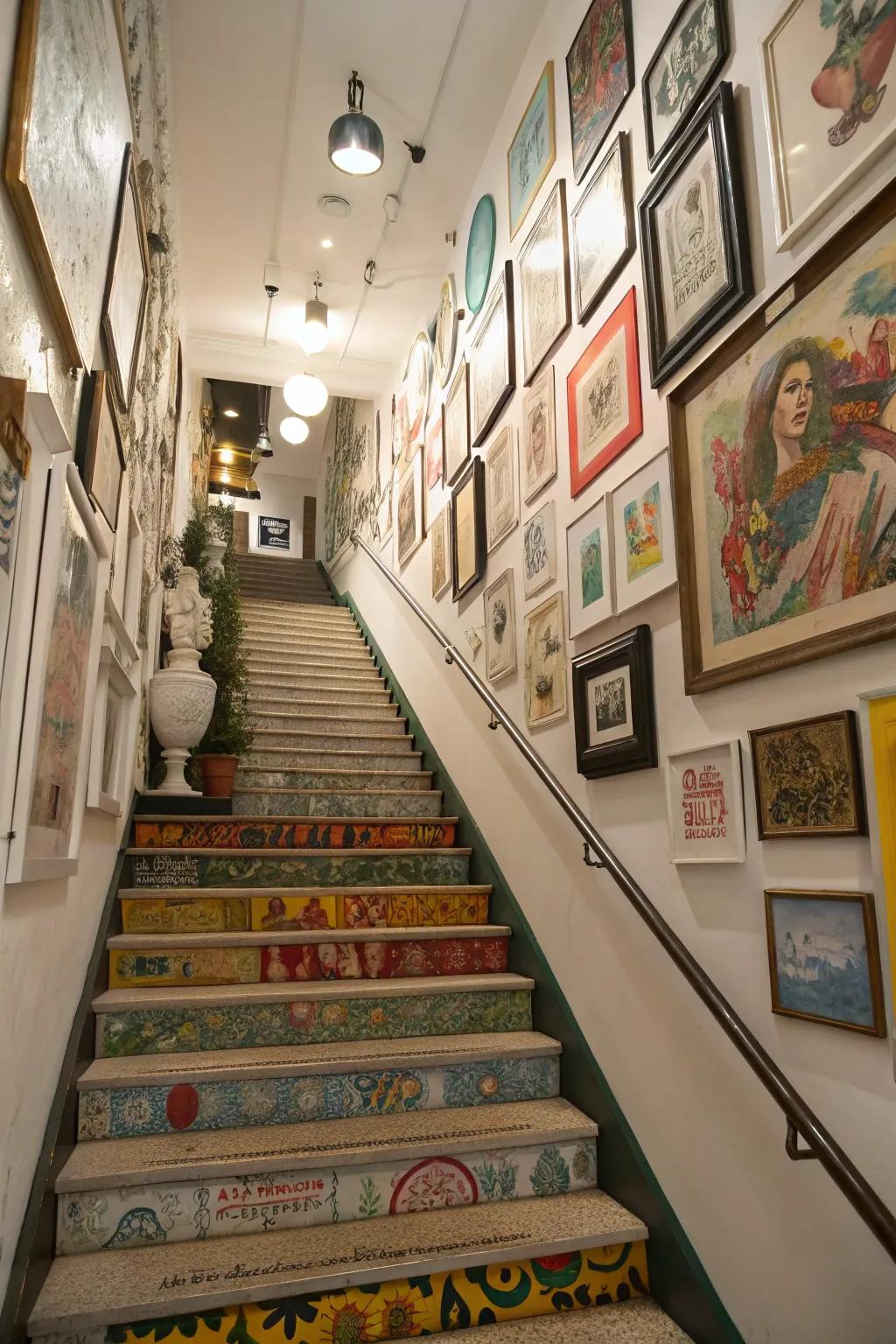 A diverse mix adds energy and spontaneity to the stairway.