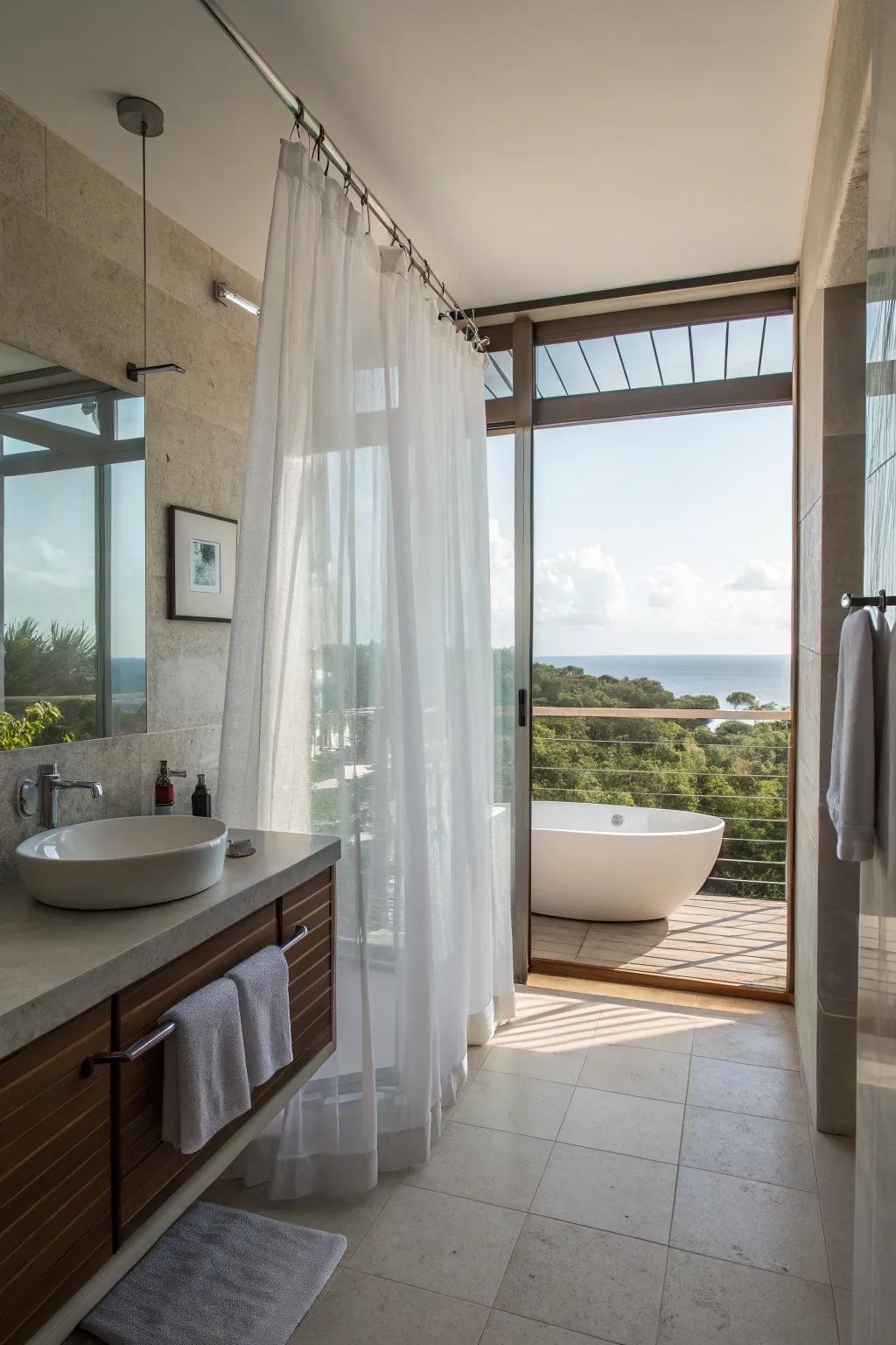 See-through curtains make small bathrooms appear more expansive.