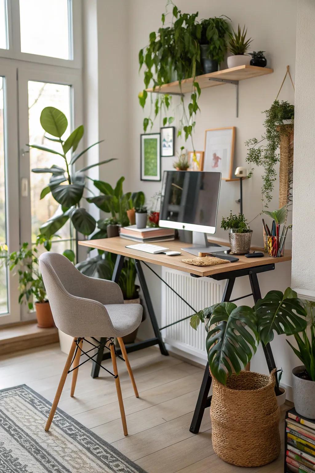 Plant life adds life and freshness to your upright desk arrangement.