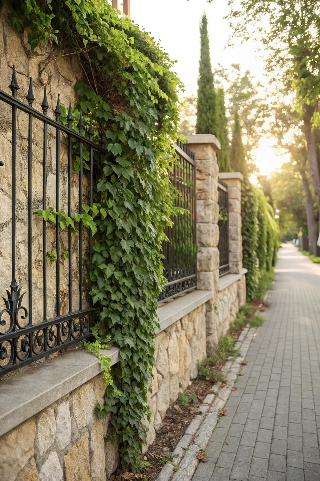 A living wall featuring climbing flora cascading over a stone and iron fence.