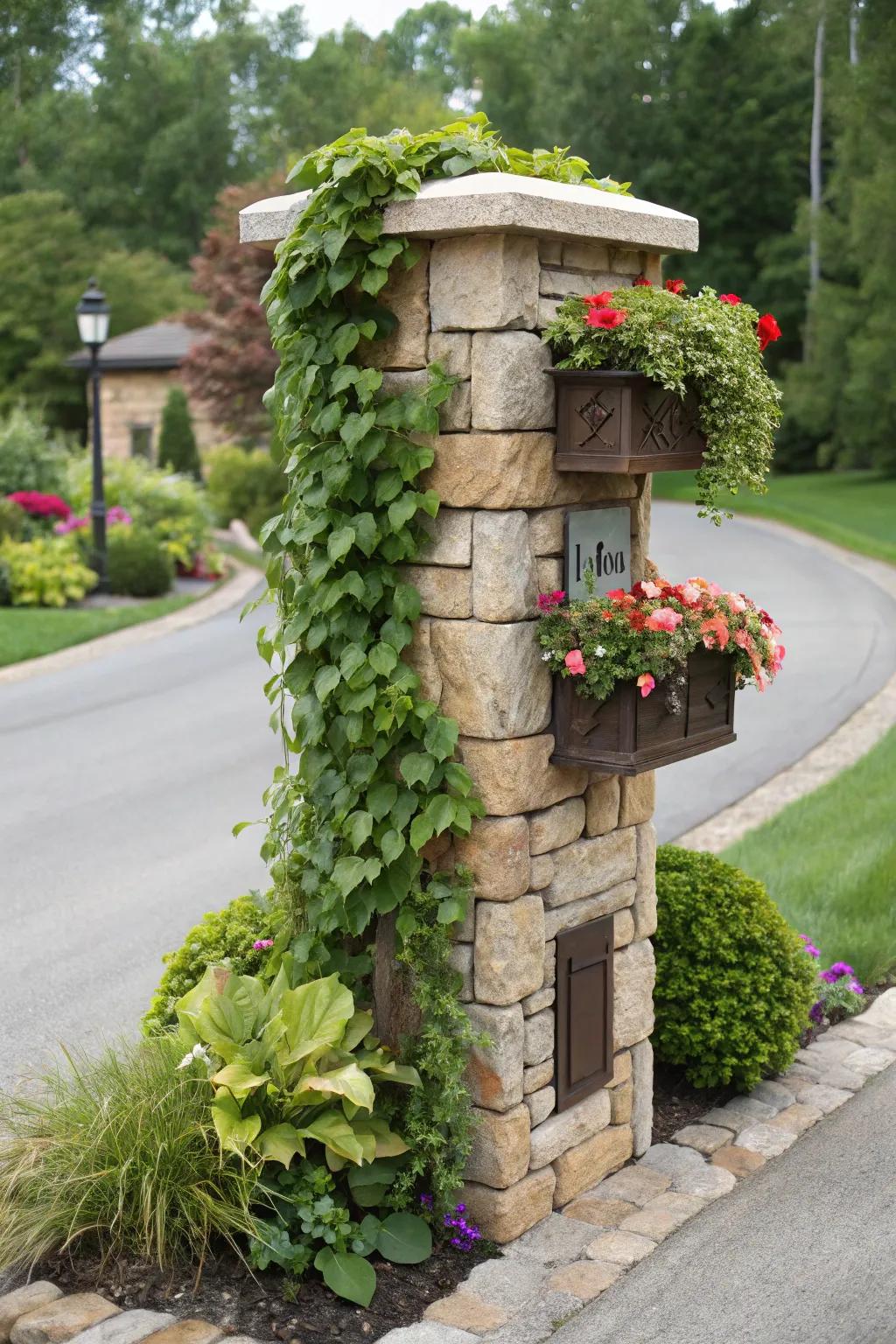 A stone mailbox pillar decorated with a lush vertical garden.