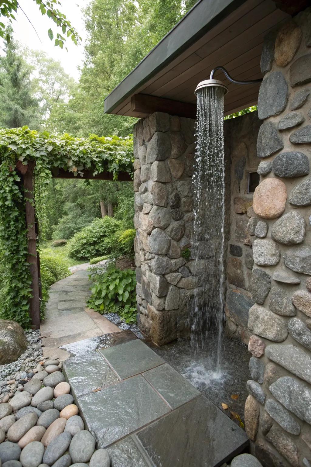 A waterfall element adds a unique aspect to stone showers.