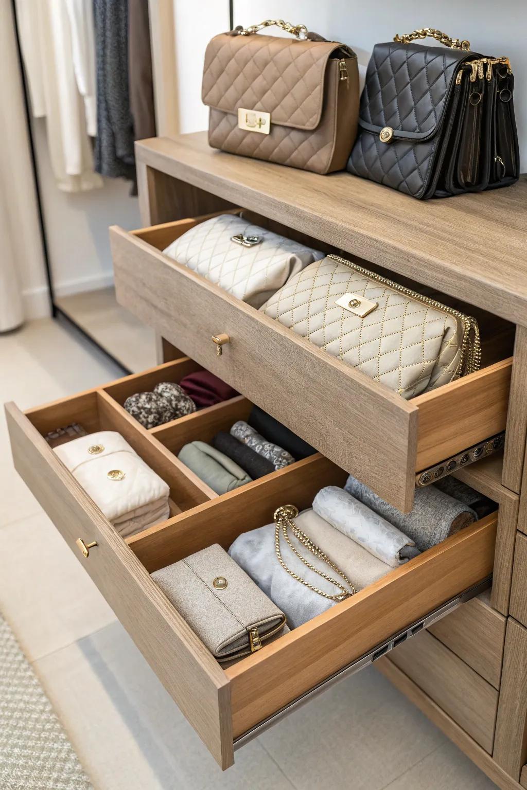 Linen drawers used for subtle handbag storage.