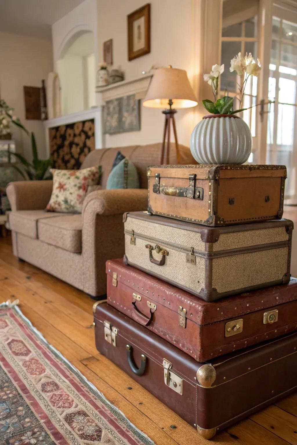 Old-fashioned suitcases stacked for decor and storage.