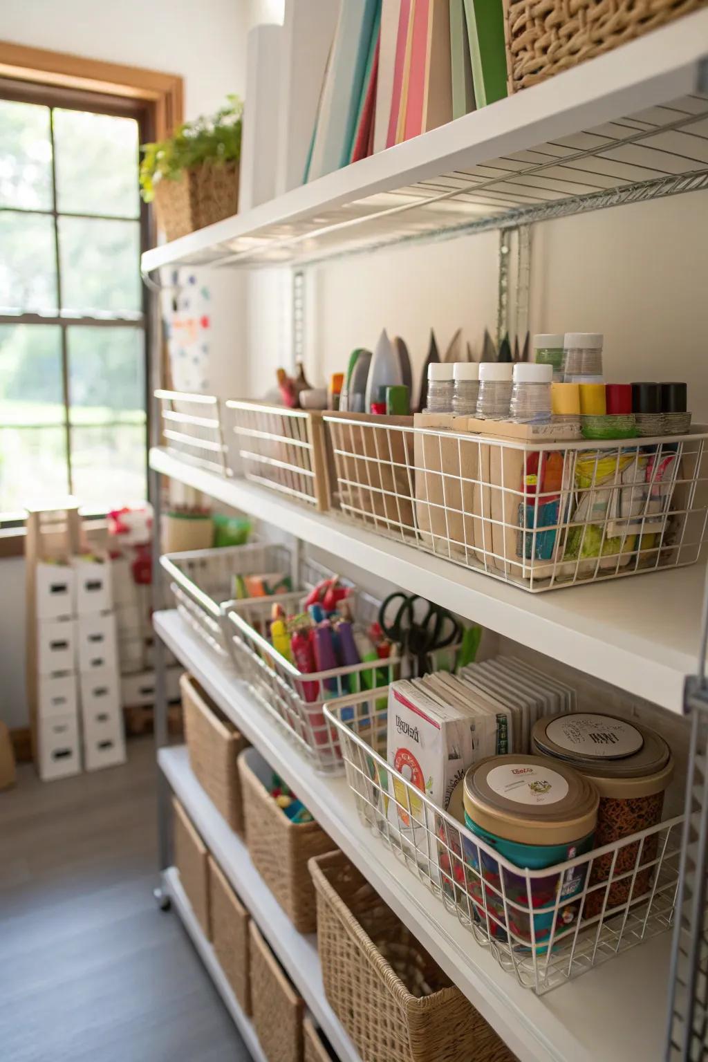 Under-shelf baskets add extra storage for small items.