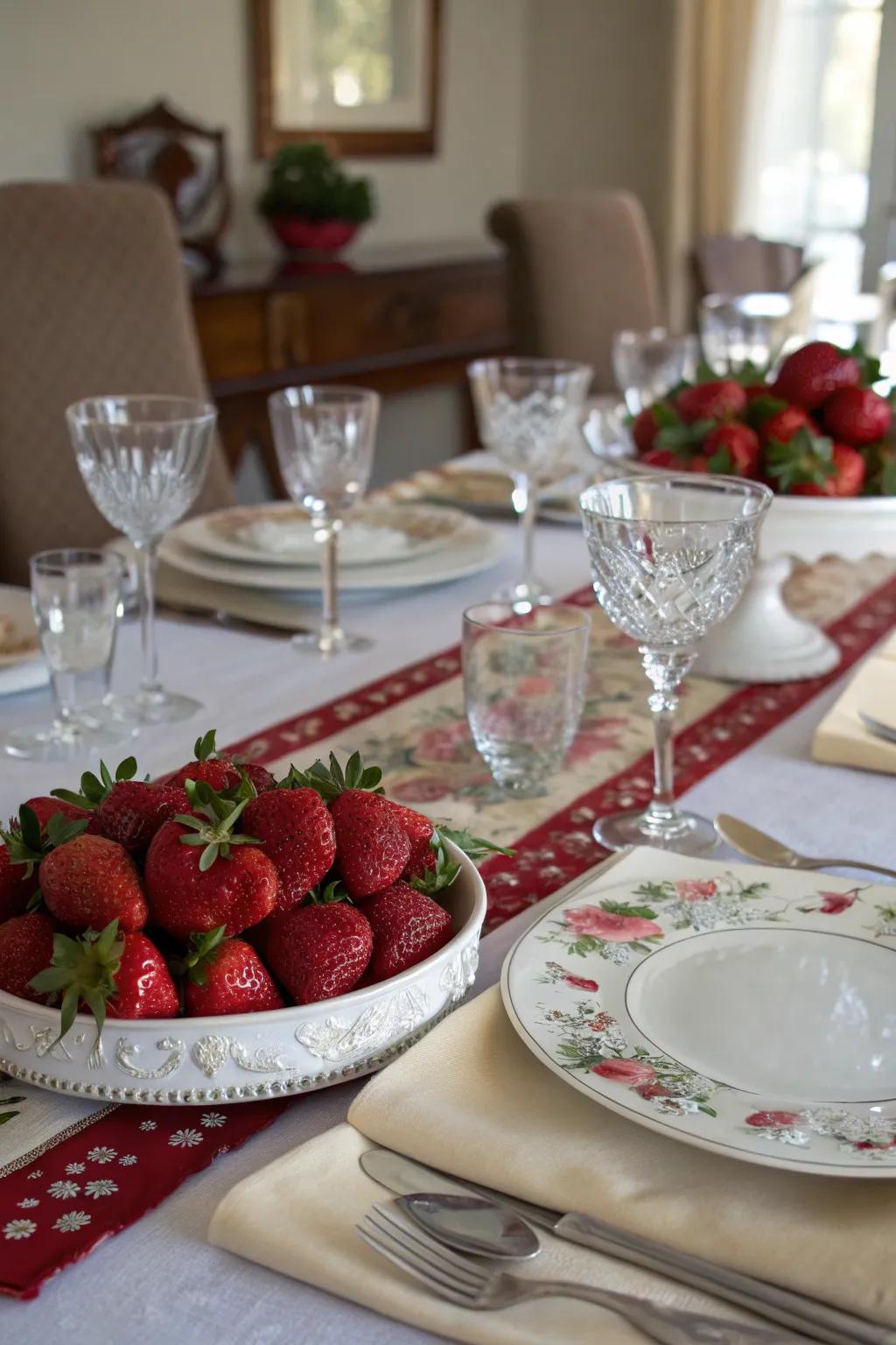 A lively table runner made of fresh strawberries for a vibrant dining experience.