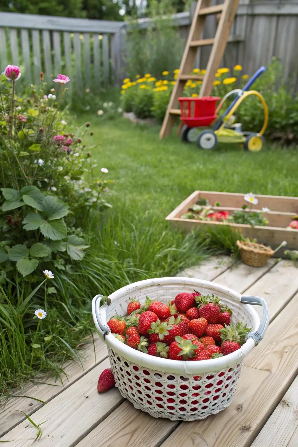 Strawberries that grow in a unique laundry basket planter.
