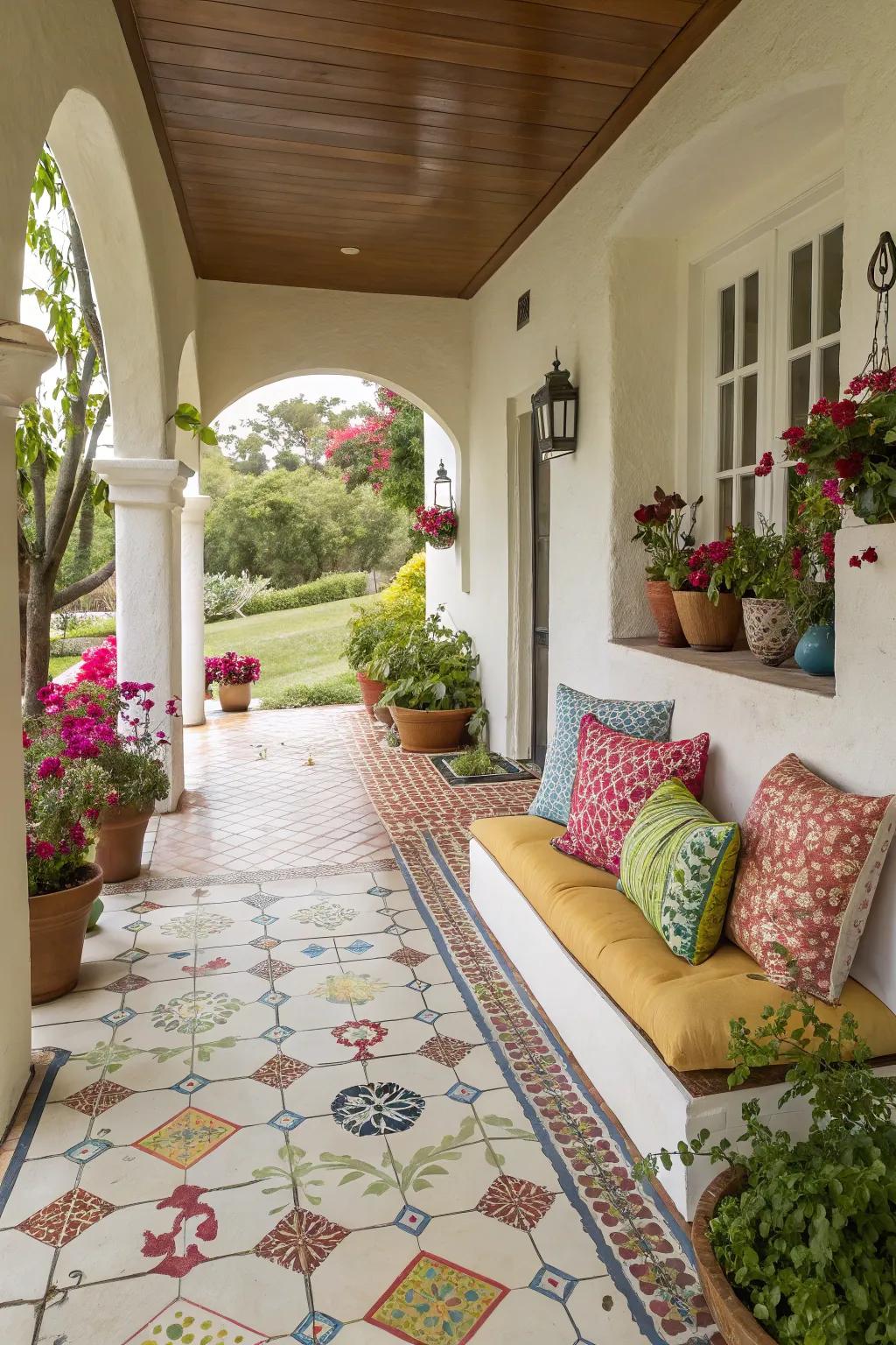 Fun tile designs provide fun to the stucco porch.