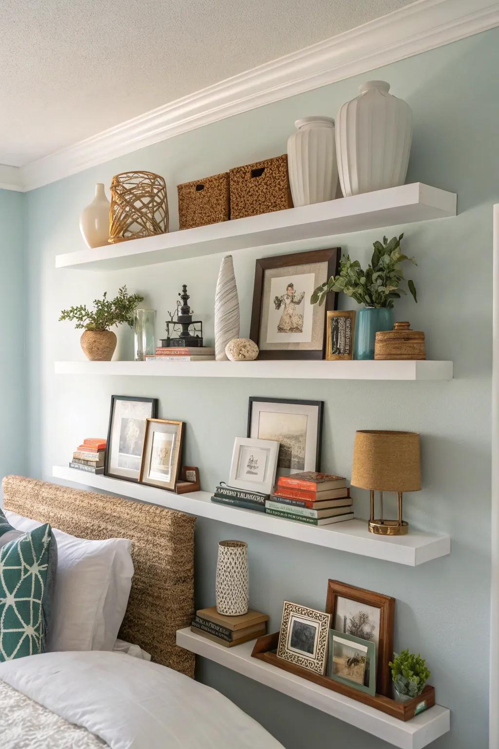 Enhance depth with floating shelves.