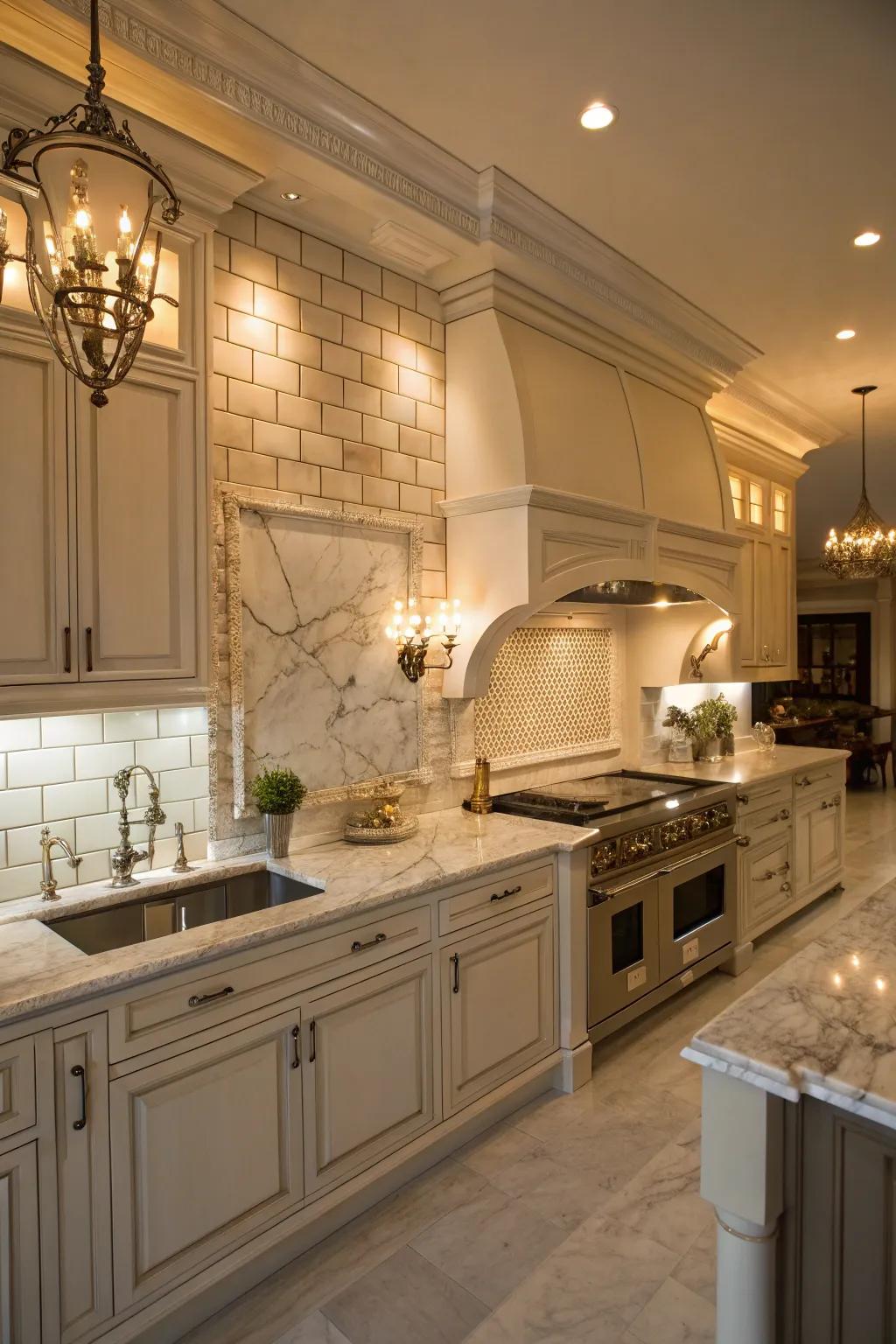 Stone elongated tiles bring an elegant and sophisticated touch to the cooking space.