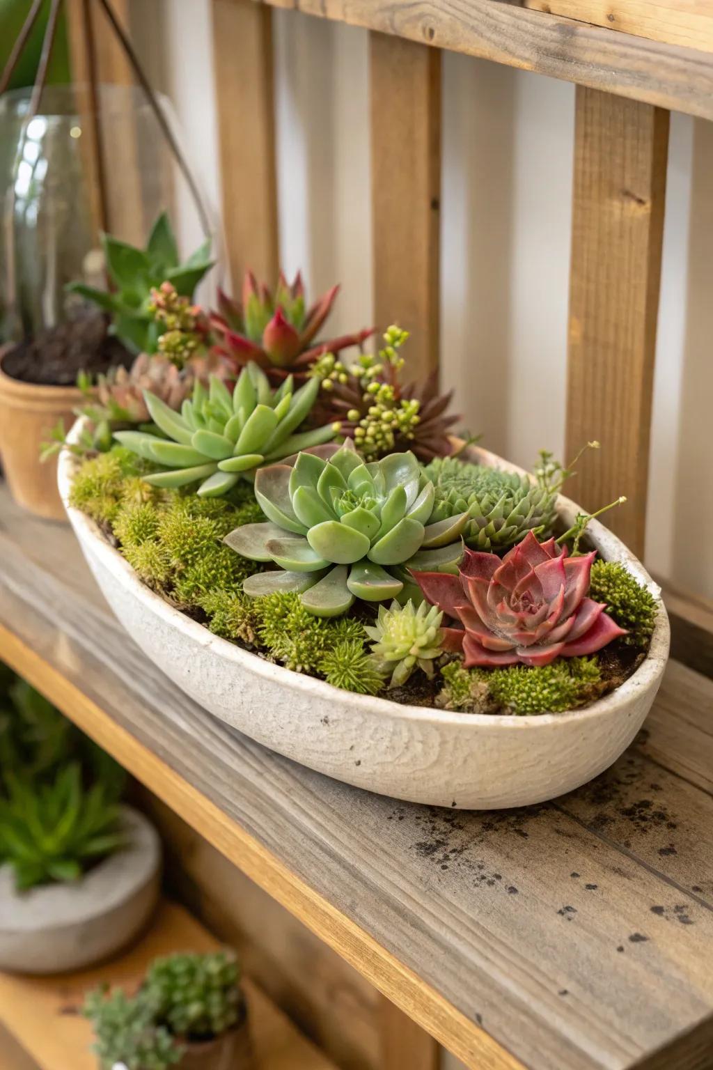 A woodland-inspired succulent garden enhanced with lush moss accents.