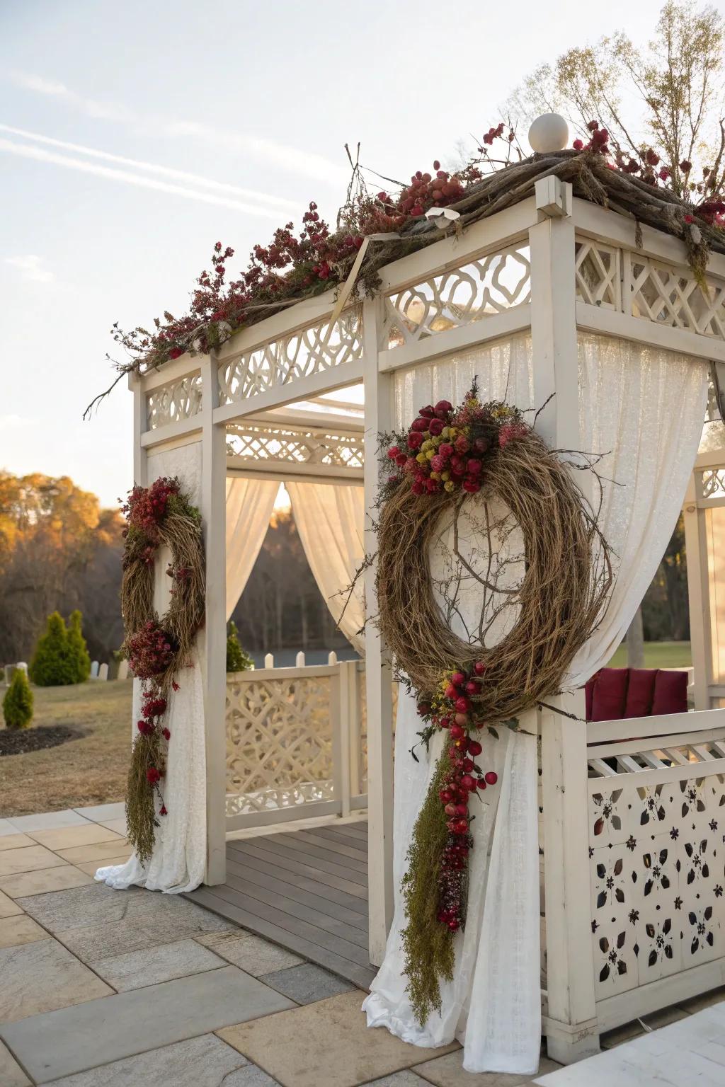 A rustic and refined sukkah featuring organic wreaths created from branches and berries.