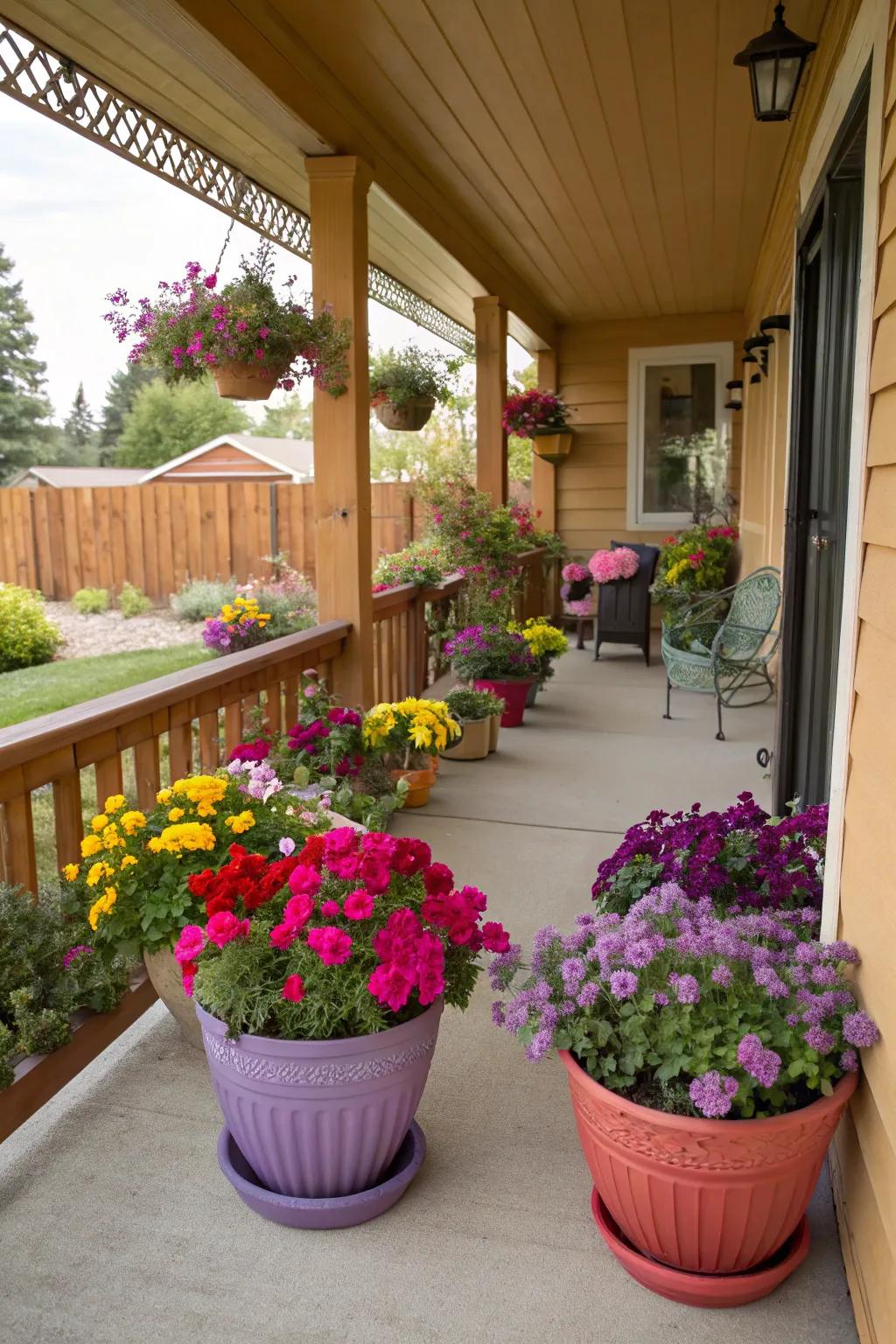 Colorful planters bring life and vibrancy to the porch.