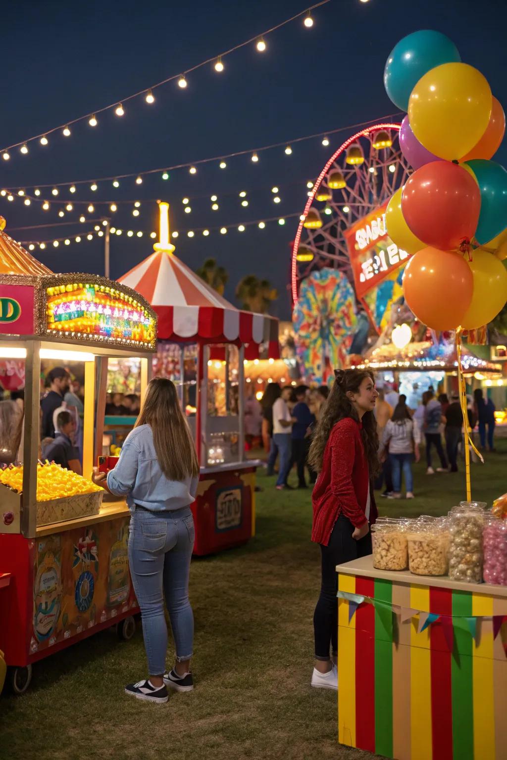 A lively traveling amusement park-themed get-together featuring games and nostalgic amusement.