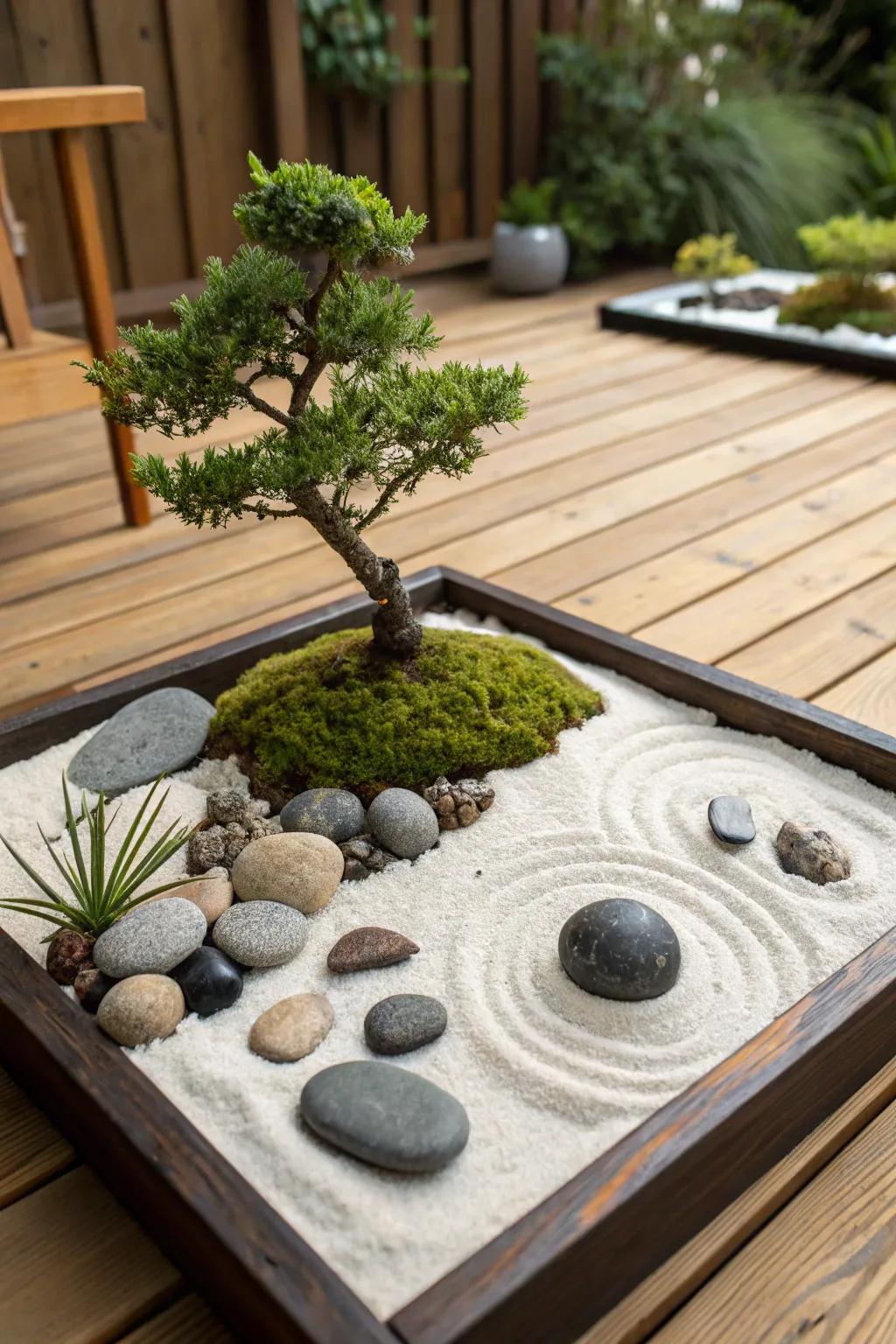 Miniature Zen sanctuary exhibiting bonsai