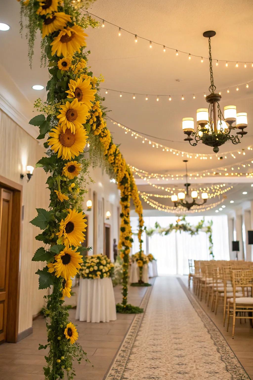 Sunflower wreaths beautifully enhancing the wedding decor.