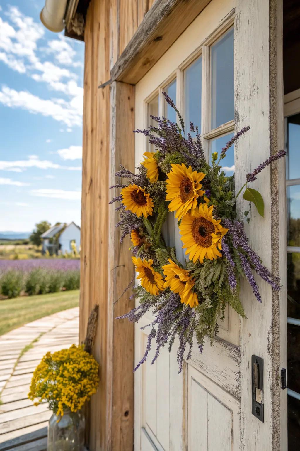 Relaxing lavender and vibrant sunflowers create a delightful garland.
