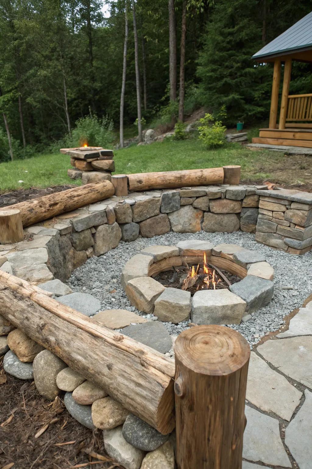 Stone and timber blend for a textured recessed fire pit.