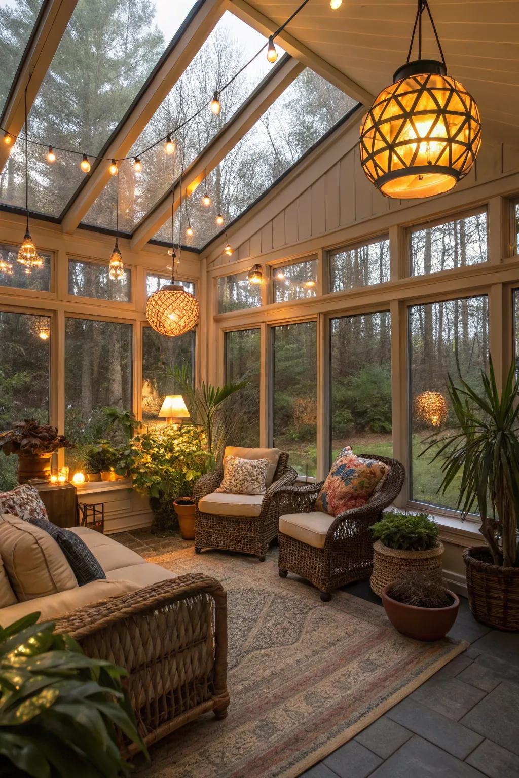 Layered illumination maintains the sunroom&rsquo;s coziness after dark.