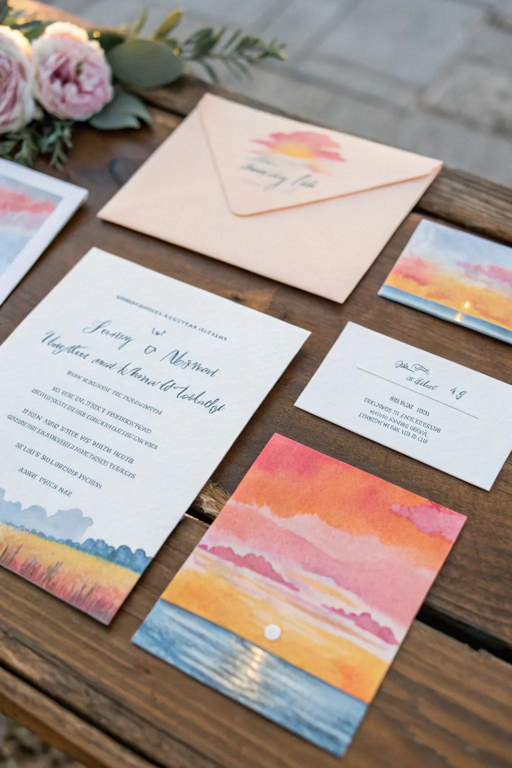 Ceremony stationery showcasing watercolor sunset designs.