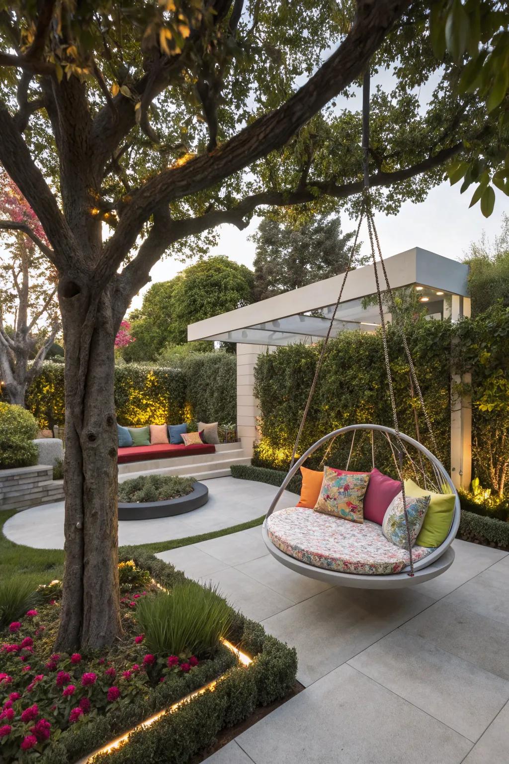 A circular swing seat extends an inviting, contemporary spin on leisure.