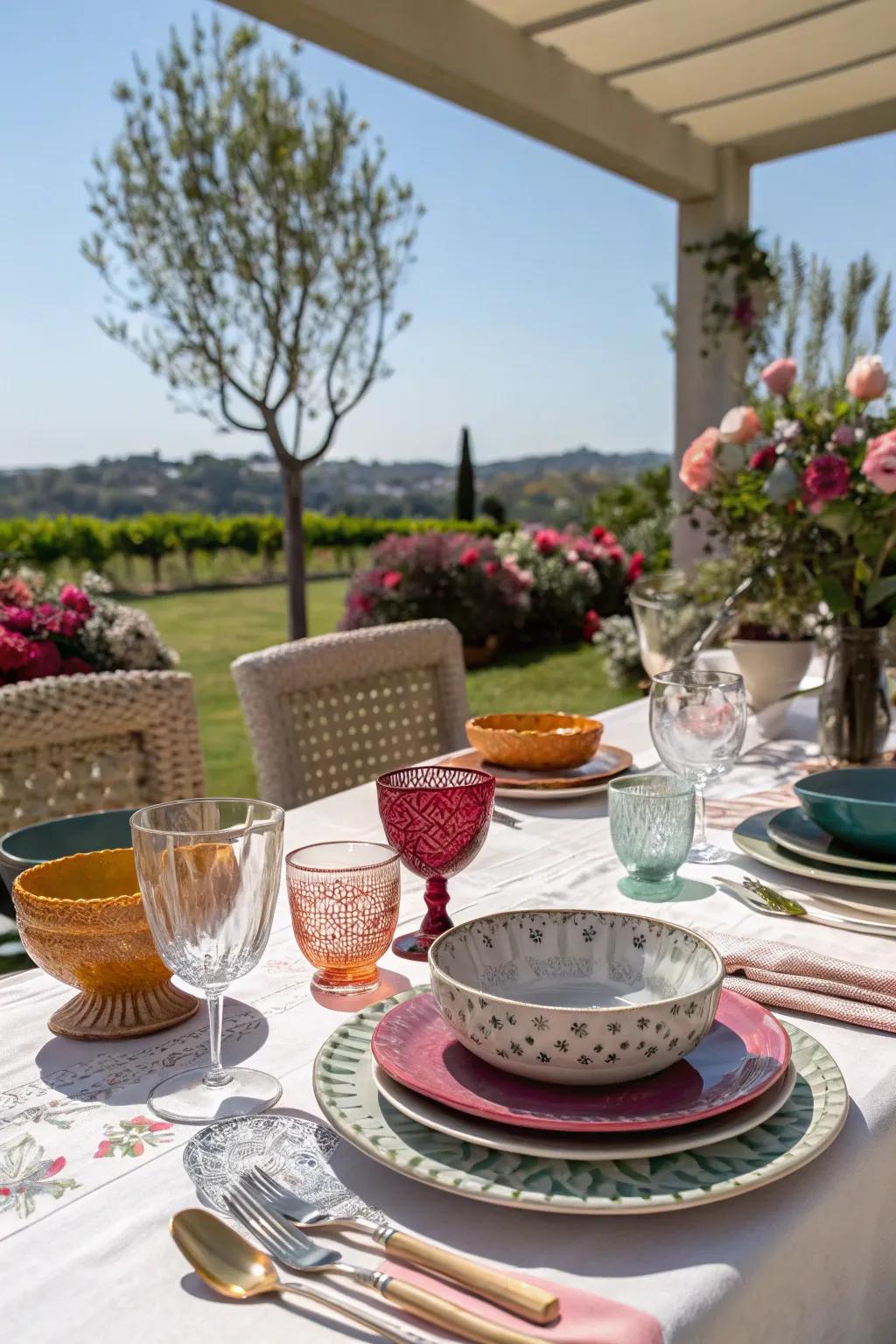 Varied tableware imparts a personal and inviting feel to the table.