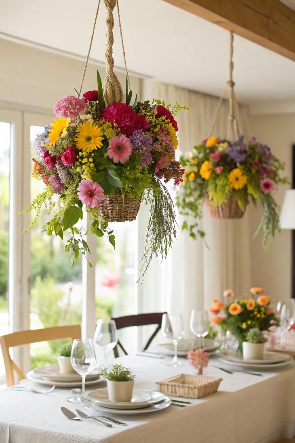 An ethereal centerpiece with quirky suspended flower arrangements.
