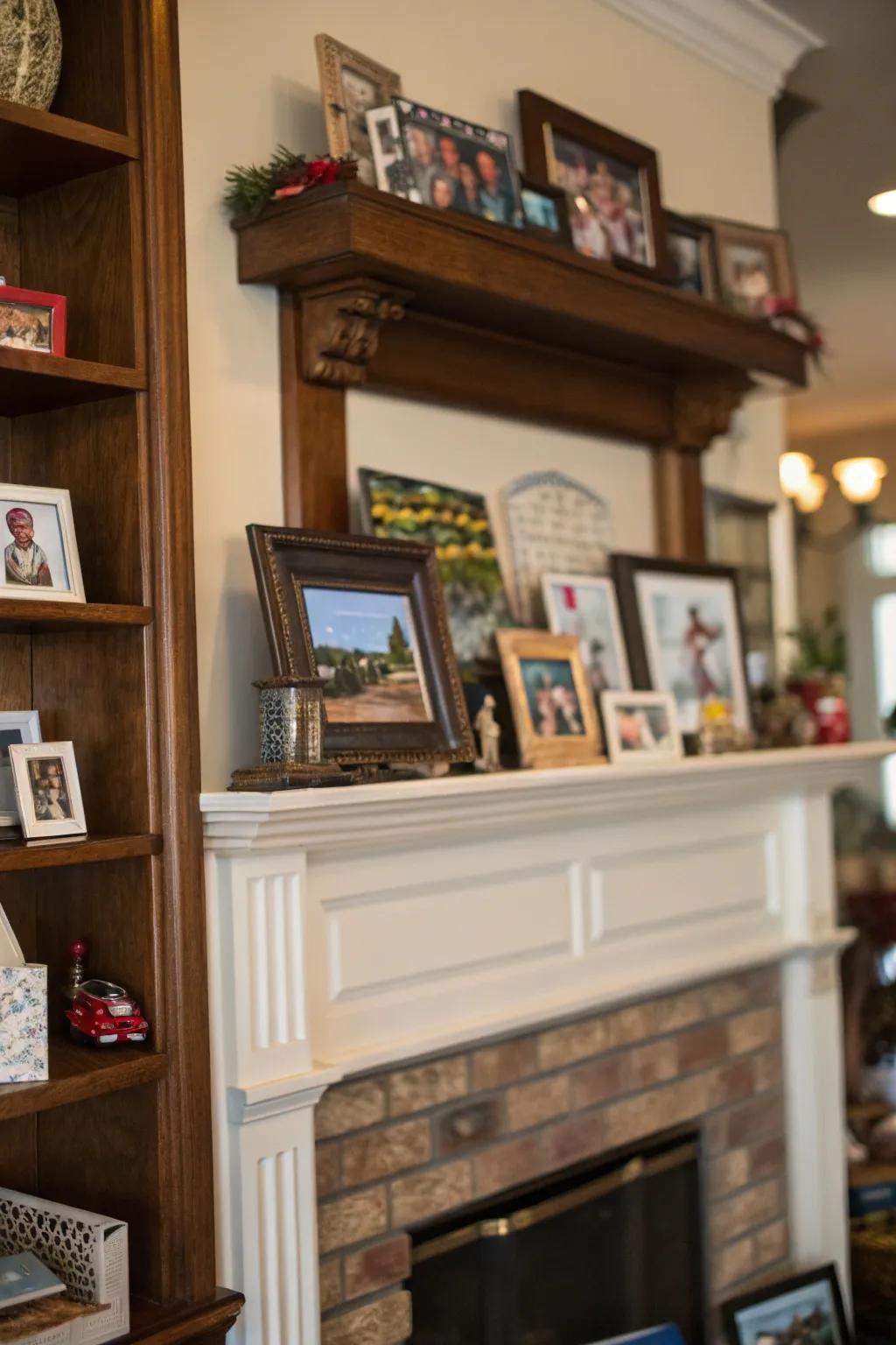 A high mantel showcasing a display of private collections and souvenirs.