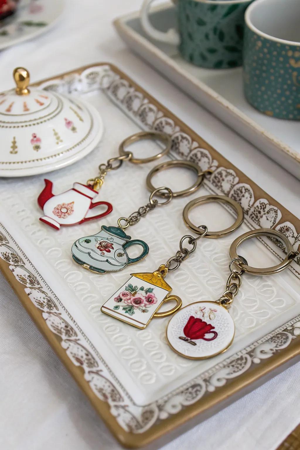 Tea-themed pendant rings contribute a whimsical element to any set of keys.