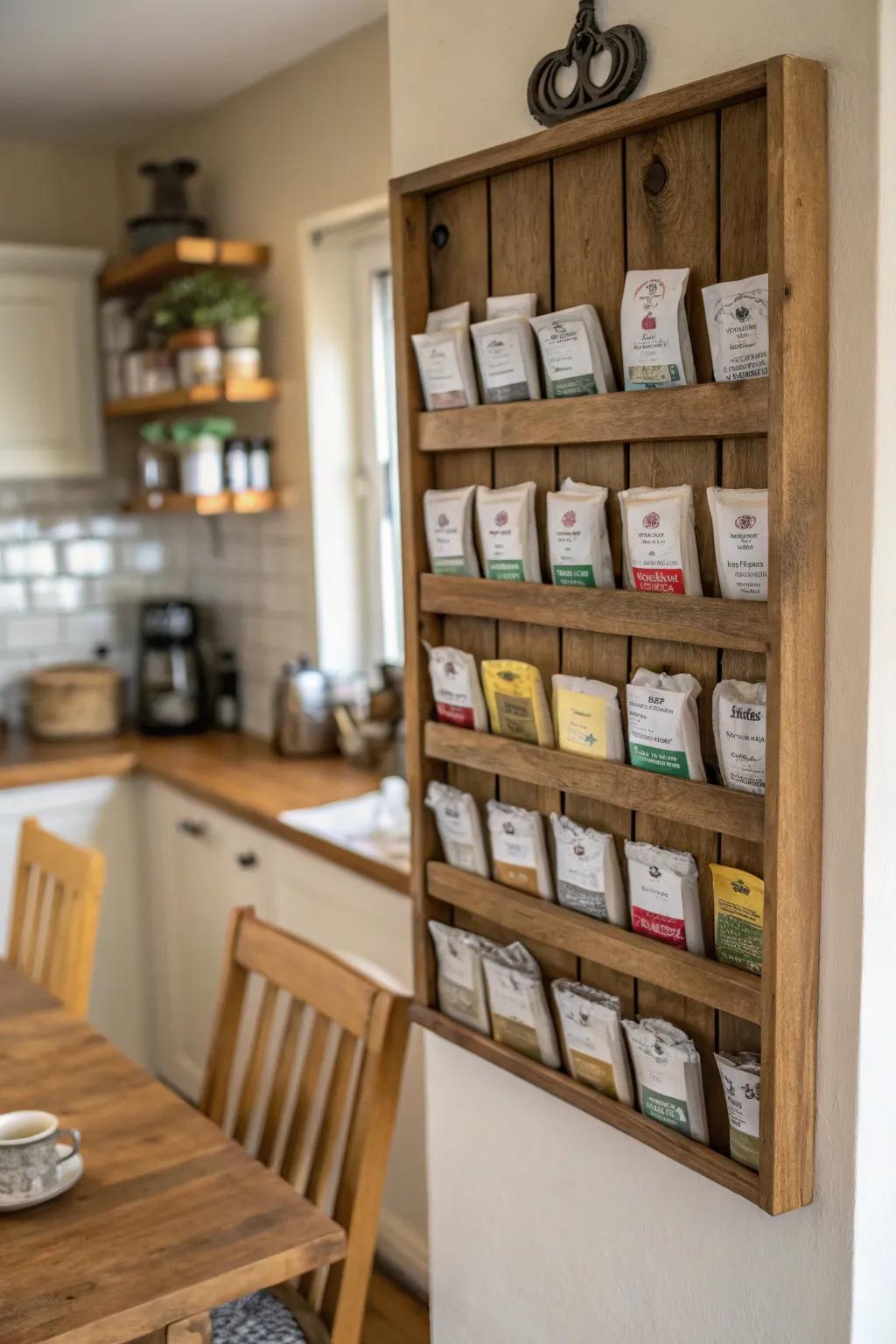 A repurposed condiment rack for storing tea.